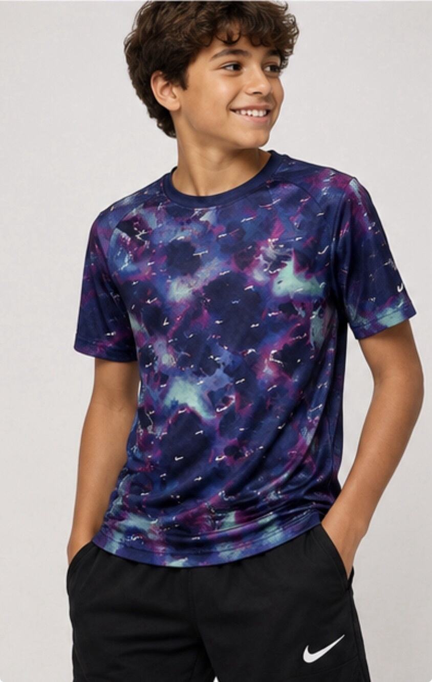 Nike Dri-FIT Boys L Blue Purple Allover Swoosh Athletic Shirt Youth